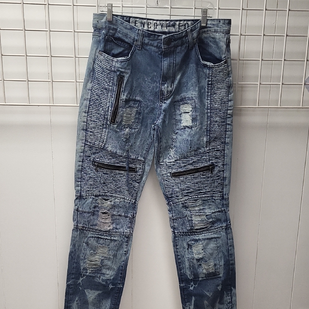 ENCRYPTED Distressed Blue Menβs Denim Biker Jeans, SIZE 36X30